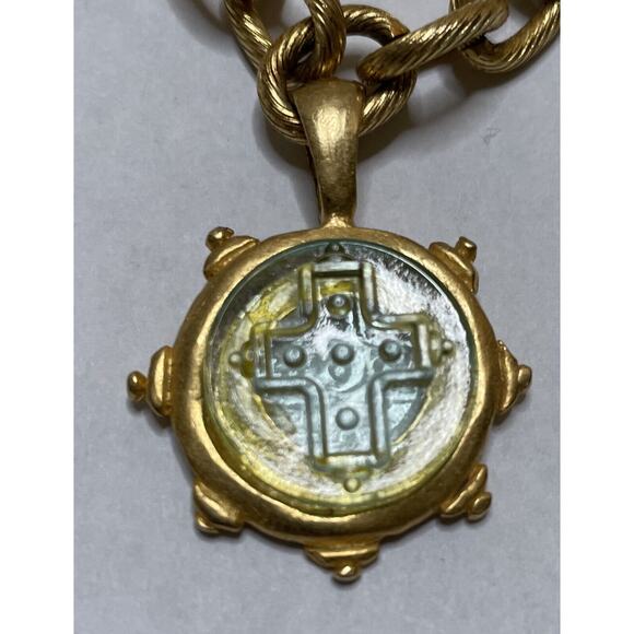 Susan Shaw Venetian Glass Intaglio Cross Pendant Necklace 16" 24kt Plate 3" Ext - Picture 3 of 14